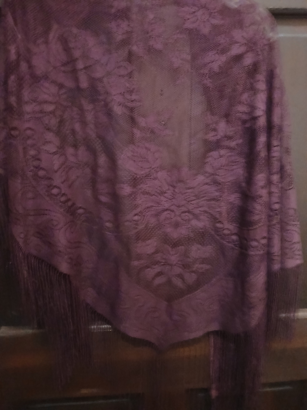 Sheer Floral Lace Shawl in Deep Burgundy With Fringe - Picture 3 of 4
